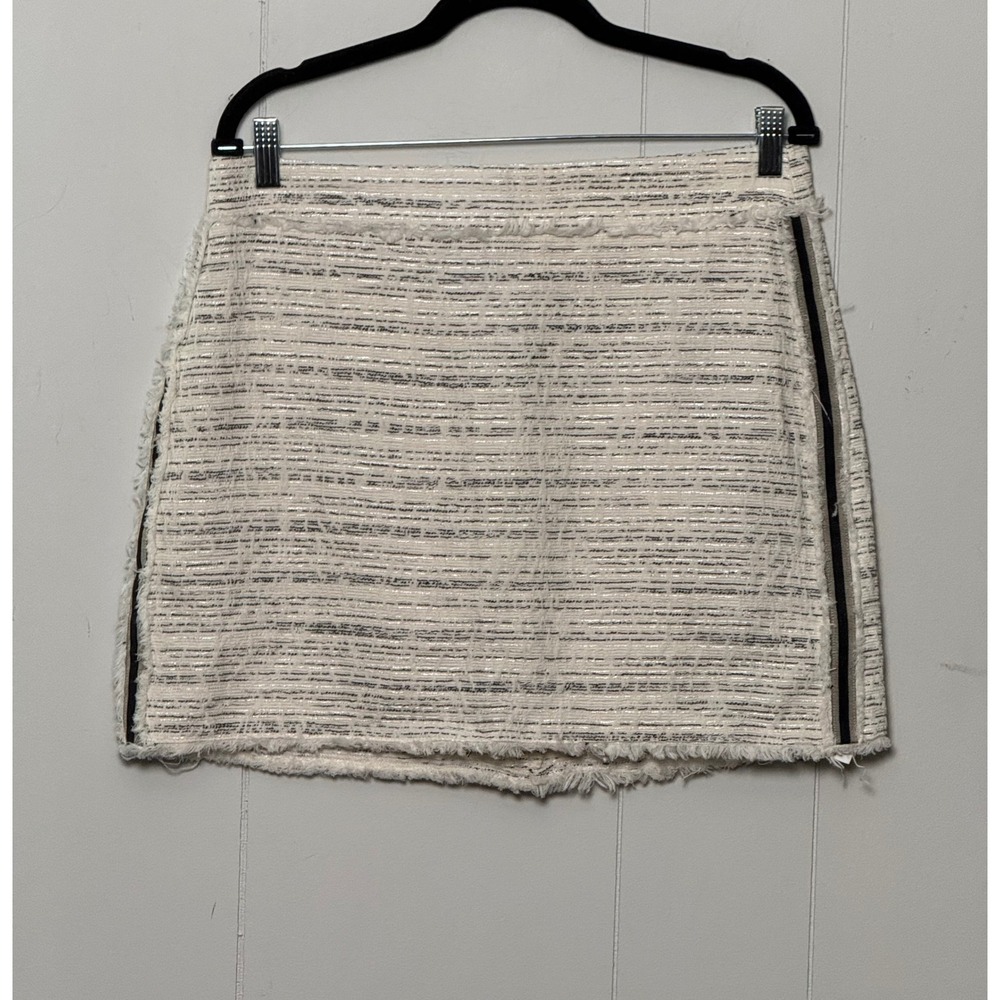 Zara Basic Women's White Black Tweed Frayed Mini Skirt Metallic Stripe Size XL